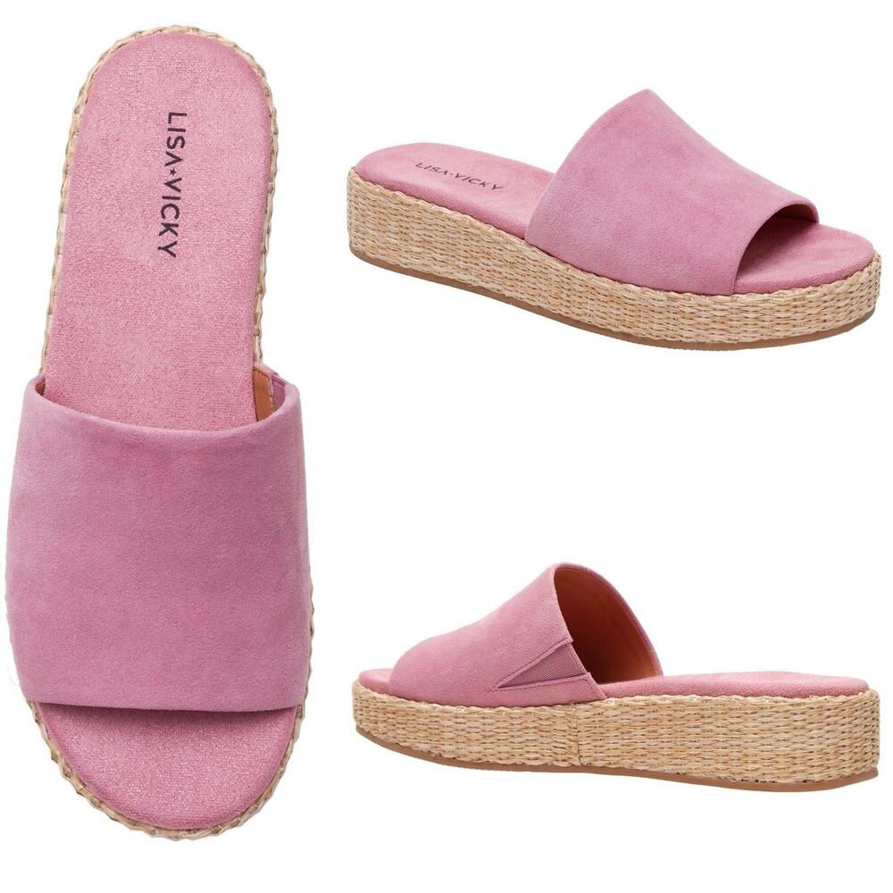 LISA VICKY Smile-V Fox Glove Kid Pink Suede Platform Sandal Size 11M New in Box